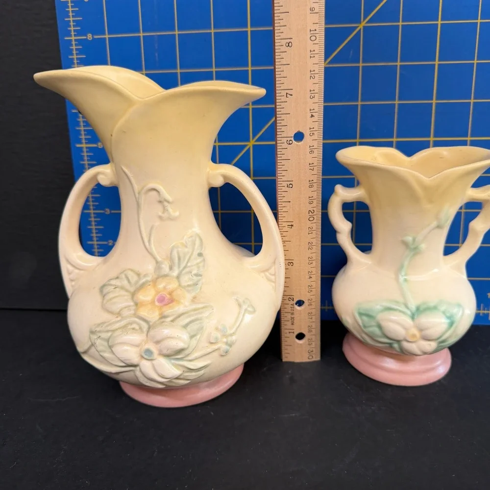 Vintage Hull Art Pottery Wildflower Vase Set of 2 Yellow Pink W8-7.5 W1-5.5 2pc